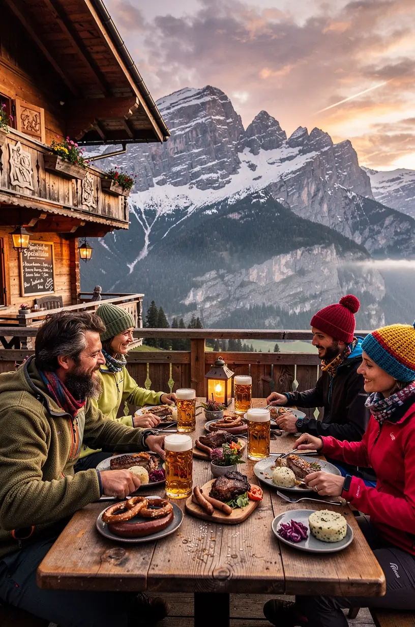 Blick auf eine gemütliche Berghütte umgeben von blühenden Almwiesen und Wanderern, die sich auf eine Pause vorbereiten.
